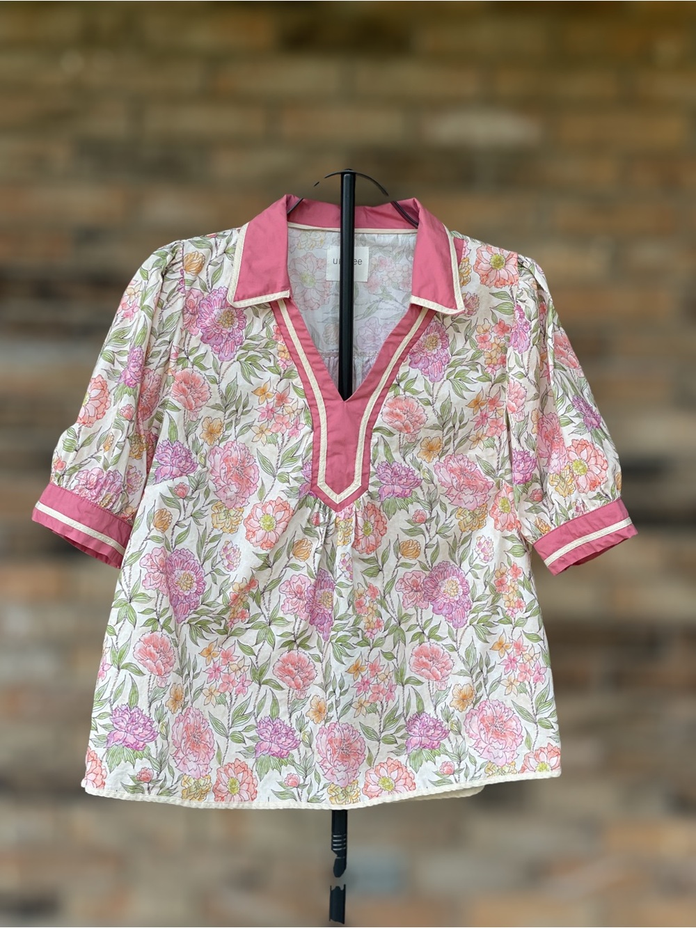 Umgee Large Pink Floral Puff Sleeve Boho Blouse 100% Cotton